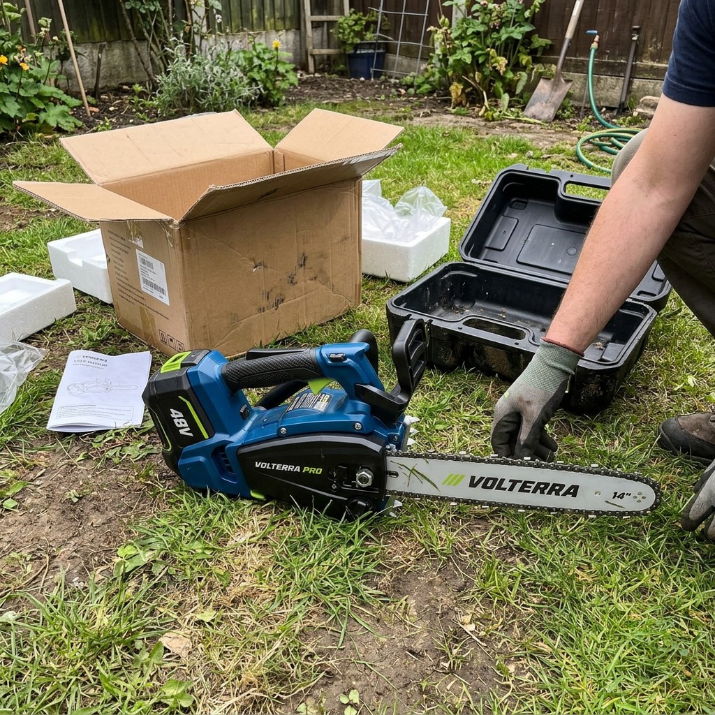 Andrej H. odpira paket VolterraPro na vrtu — Celje